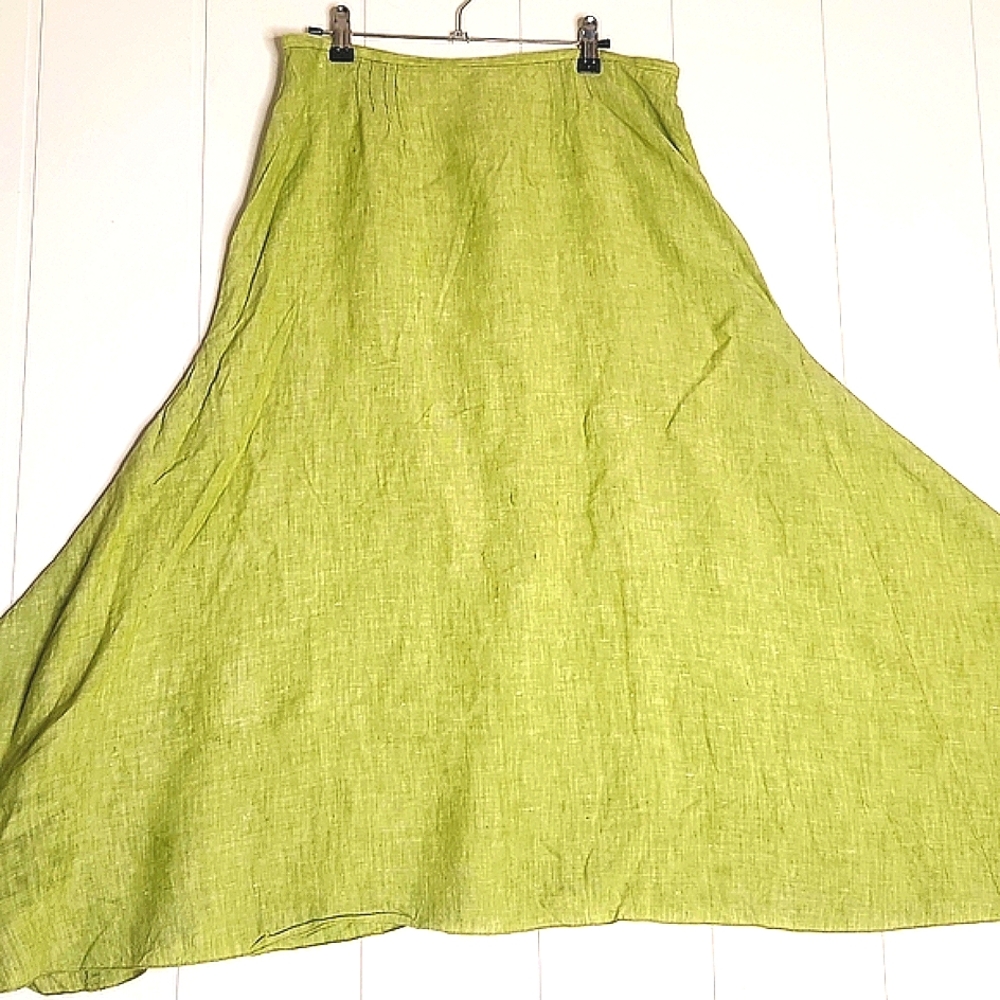 J.Jill 100% Linen Green A-line Festival Fantasy Flowy Euro Summer Maxi Skirt